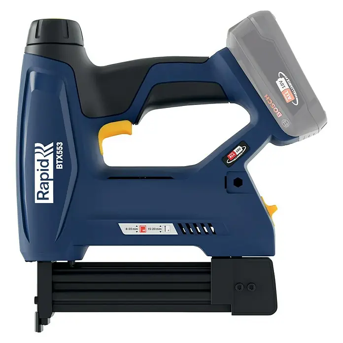 Rapid Power for All 18V Akku-Tacker BTX553 - 18 V, Ohne Akku, Klammertiefe: 8 mm - 20 mm - Ein akkubetriebener Rapid BTX553 Tacker, blau, mit gelben Akzenten und einem Bosch Akku für kabelloses Arbeiten beim Heften.