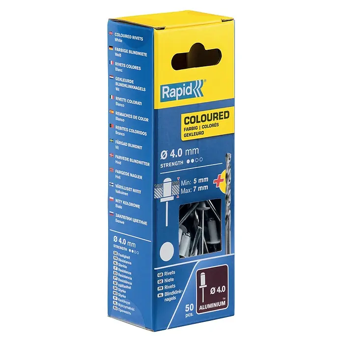 Rapid Remache - Diámetro de remache: 4 mm, Longitud de remache: 10 mm, 50 ud., Blanco - Paquete de remaches de colores Rapid, diámetro 4,0 mm, fabricados en aluminio, 50 unidades para diversas aplicaciones.