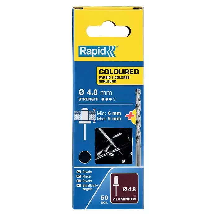 Rapid Blindniete - Nietdurchmesser: 4,8 mm, Nietlänge: 12 mm, 50 Stk., Schwarz - Rapid farbige Aluminium Blindnieten, Ø 4.8mm, 50 Stk., für Greifbereiche 6-9mm.