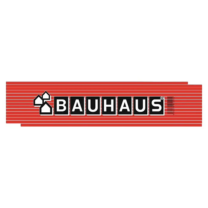 BAUHAUS Zollstock - BAUHAUS - Bauhaus Logo auf rotem Hintergrund mit horizontalen weißen Linien und einem Barcode. Ein bekanntes Zeichen für Heimwerkerbedarf.