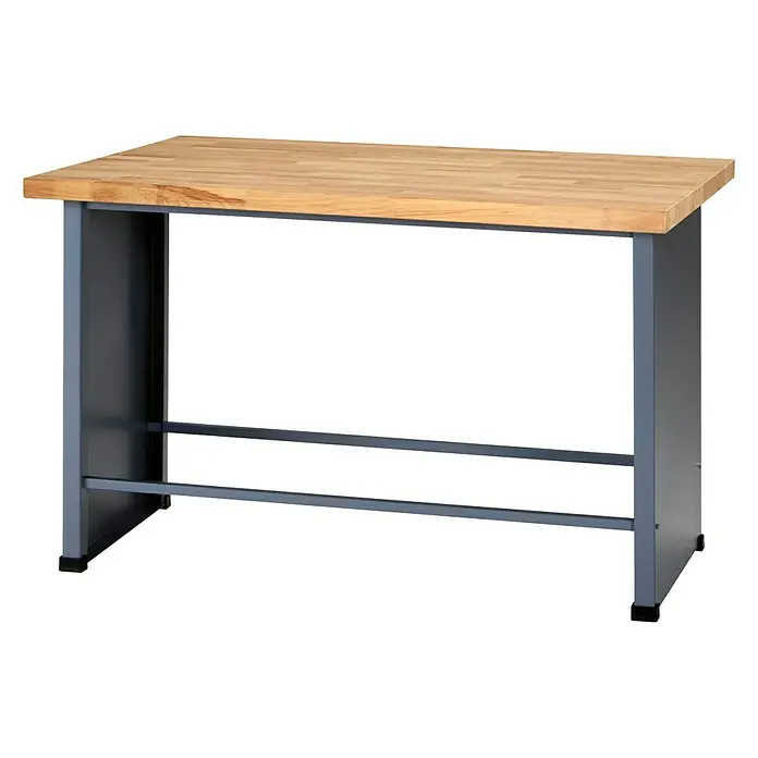 Küpper Profi Modul System Basismodul mittel - L x B: 70 x 128 cm, Arbeitshöhe: 89 cm, Hammerschlag-Silber - Ein Holztisch mit einem stabilen grauen Metallgestell und einer hellen Holzplatte. Ideal für Küche und Essbereich.