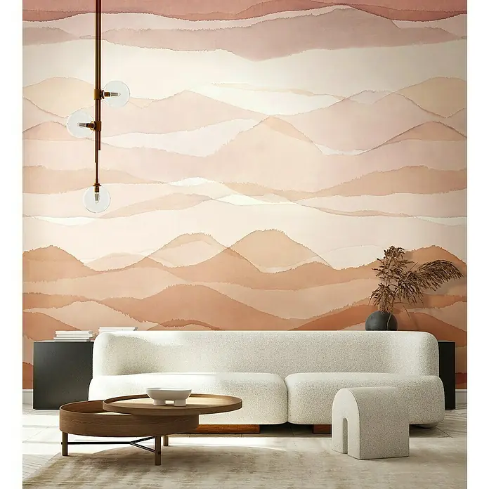 Marburg Smart Art Gallery Fototapete Wolken/Berge - B x H: 3,18 x 3,4 m, Vlies - Wohnzimmer mit modernem Sofa und abstraktem Wandbild. Das elegante Design und die sanften Farben schaffen eine stilvolle Atmosphäre.