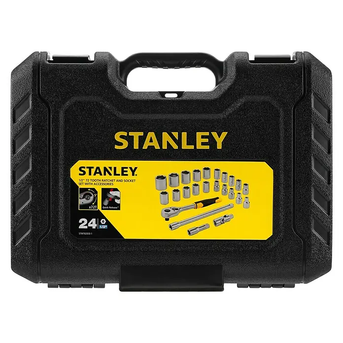 Stanley Set de llaves de vaso STMT82830-1 - 24 pzs., Tamaño de accionamiento: ½″ - Juego de carraca y vasos Stanley negro de 1/2 pulgada y 72 dientes con accesorios en maletín robusto para taller y bricolaje.