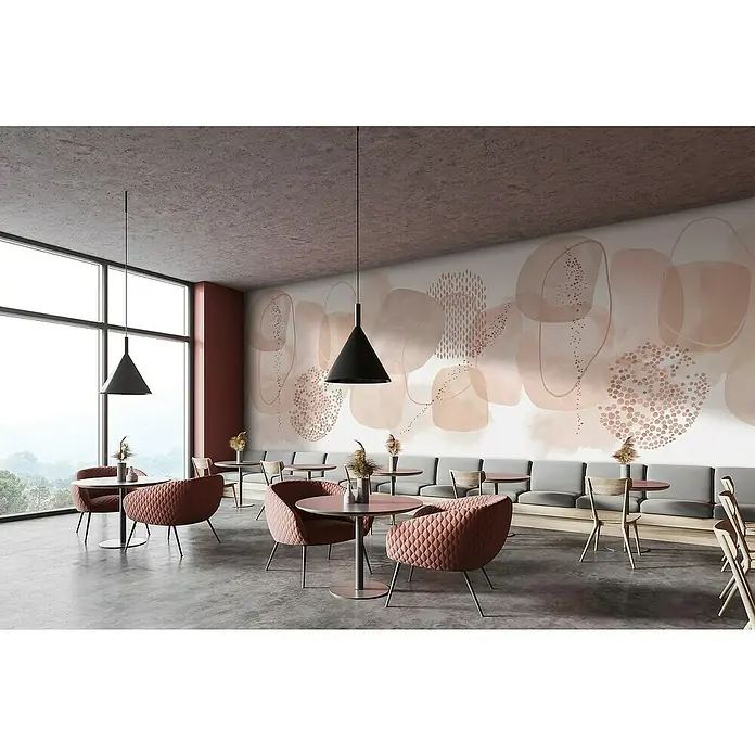 Marburg Smart Art Gallery Fototapete - B x H: 2,65 x 3,4 m, Vlies, Detail II - Beige-Rosa - Das Bild zeigt ein elegantes Restaurant mit modernen Möbeln und stilvoller Wandkunst. Die Beleuchtung ist dezent und einladend.