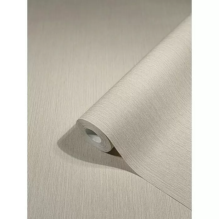 Marburg Modernista Vliestapete - Beige, Uni, 10,05 x 0,53 m - Hellbeiger, strukturierter Tapetenrolle, teilweise abgerollt, mit subtilem vertikalem Streifenmuster.