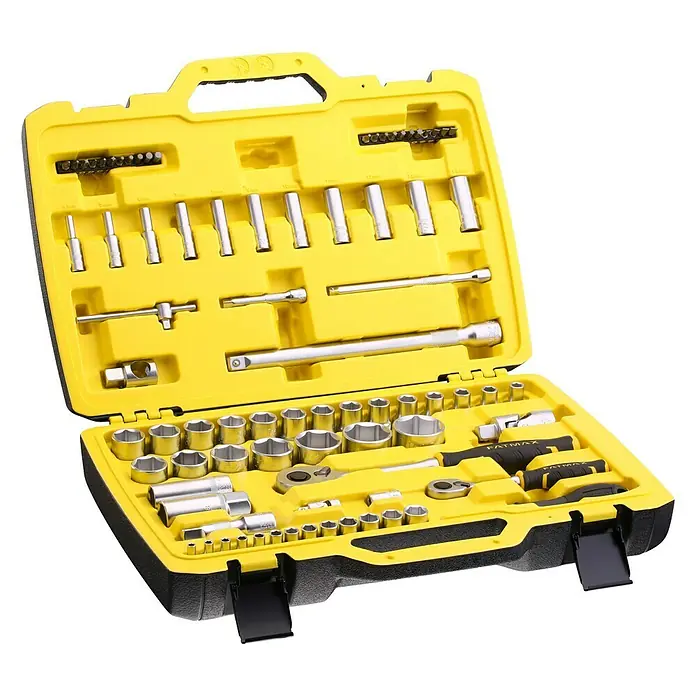 Stanley FatMax Set de llaves de vaso FMMT82826-1 - 81 pzs., Tamaño de accionamiento: ½″ - Un juego de herramientas Fatmax amarillo con una amplia gama de vasos y herramientas, perfecto para aficionados al bricolaje y profesionales.