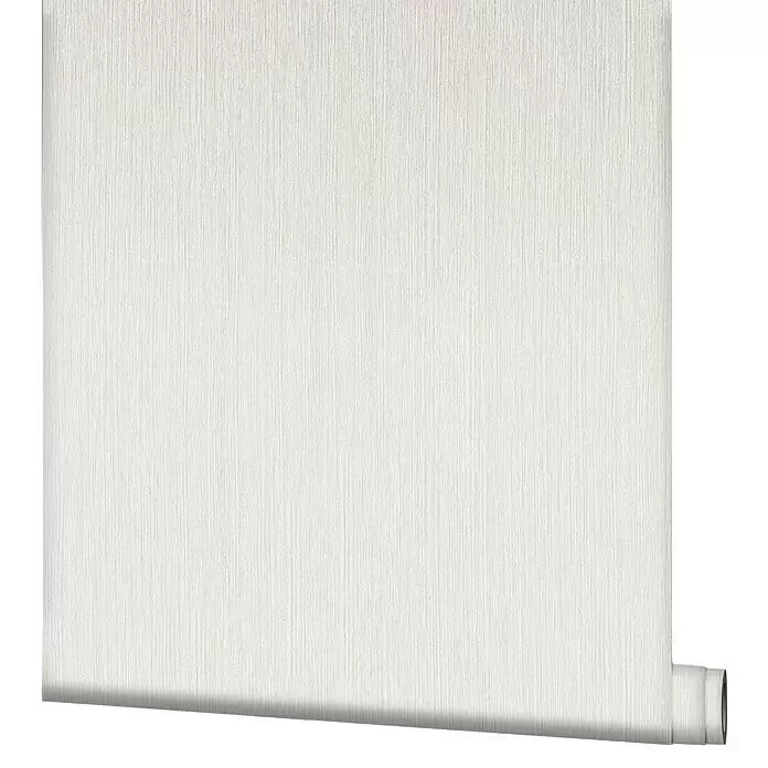 Marburg Modernista Vliestapete - Creme-Beige, Uni, 10,05 x 0,53 m - Teilweise abgerollte helle Tapete mit vertikaler Textur.