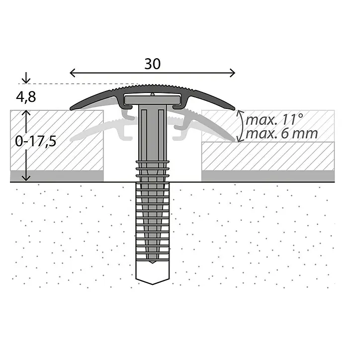 LOGOCLIC Übergangsprofil 201 - Ahorn, 0,9 m x 30 mm, Montageart: Schrauben - Technische Zeichnung eines Bodenprofils mit Maßen von 30 mm Breite und einer variablen Höhe von 0-17,5 mm zur Verwendung als Übergangsprofil.