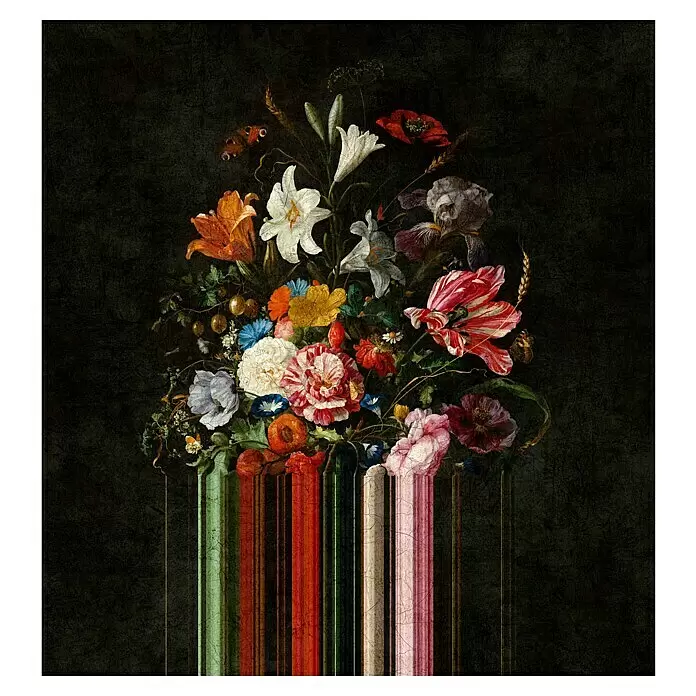 Marburg Smart Art Gallery Fototapete - B x H: 3,18 x 3,4 m, Vlies, Blumenbouquet - Lebhaftes Blumenstillleben mit verschiedenen Blumen auf dunklem Hintergrund, mit einer modernen Glitch-Art-Basis aus farbigen vertikalen Streifen.