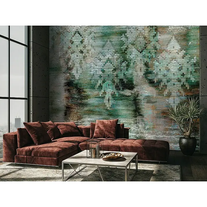 Marburg Smart Art Gallery Fototapete Shabby Chic - B x H: 2,65 x 3,4 m, Vlies, Version I - Grün-Grau - Wohnzimmer mit braunem Ecksofa, Couchtisch und abstraktem Wandbild für ein stilvolles Ambiente.