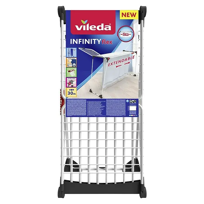 Vileda Flügel-Wäscheständer Infinity Flex - Länge Wäscheleine: 30 m, L x B x H: 304 x 56 x 128 cm, Weiß - Wäscheständer Vileda Infinity Flex mit ausziehbaren Flügeln für extra grosse Wäschestücke und einer Trockenlänge von bis zu 30m.