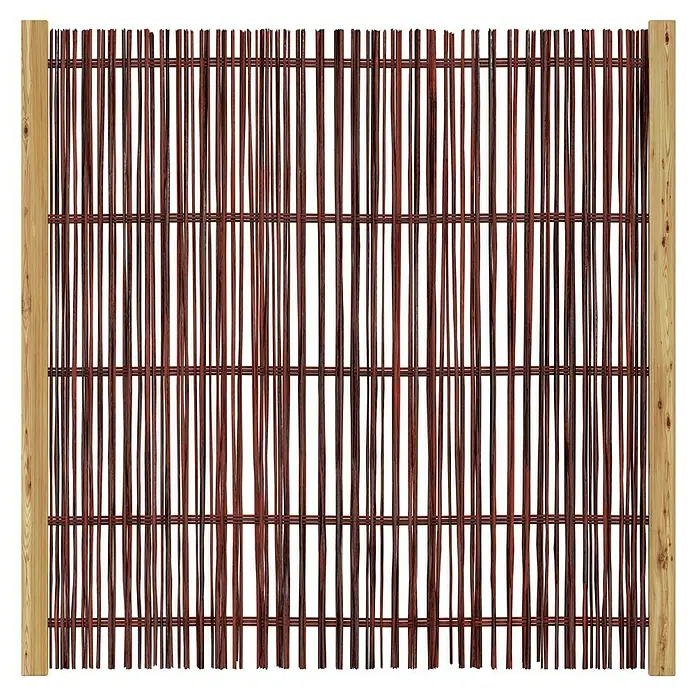 T & J Sichtschutzelement Fuego - 120 x 120 cm, Braun - Holzzaun mit rotem Flechtwerk und hellen Pfosten. Das Produkt ist robust und natürlich.