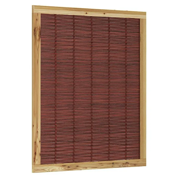 T & J Sichtschutzelement Fako - 120 x 140 cm, Braun - Nahaufnahme eines dunkelroten Bambusrollos mit hellem Holzrahmen, ideal für eine natürliche Fensterdekoration.