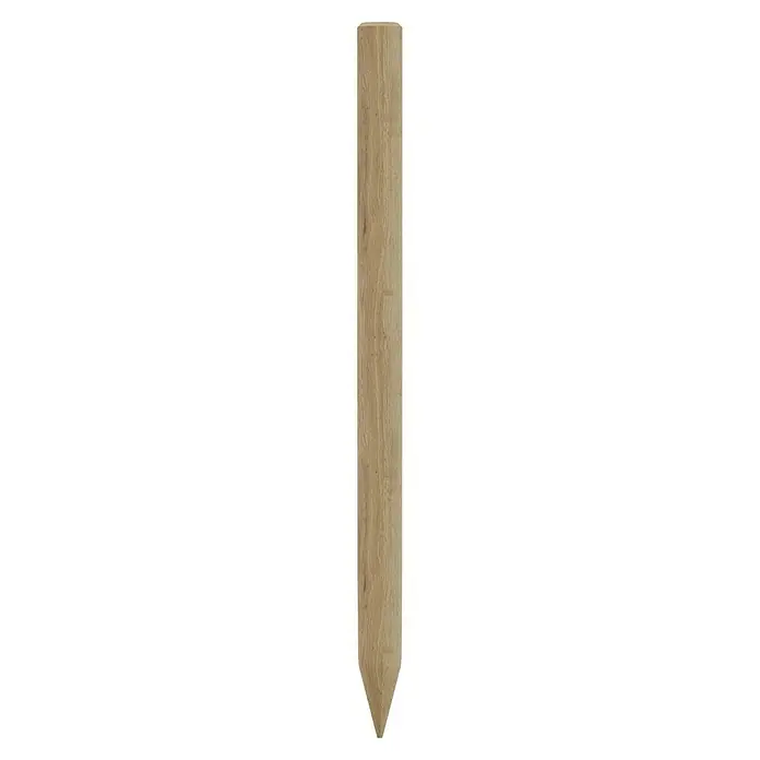 T & J Pfosten - 8 x 8 x 125 cm, Passend für: Jäger- und Staketenzaun, Braun - Das Bild zeigt ein naturbelassenes Holzbrett mit einer spitz zulaufenden Form, ideal für Bastelprojekte oder rustikale Dekorationen.