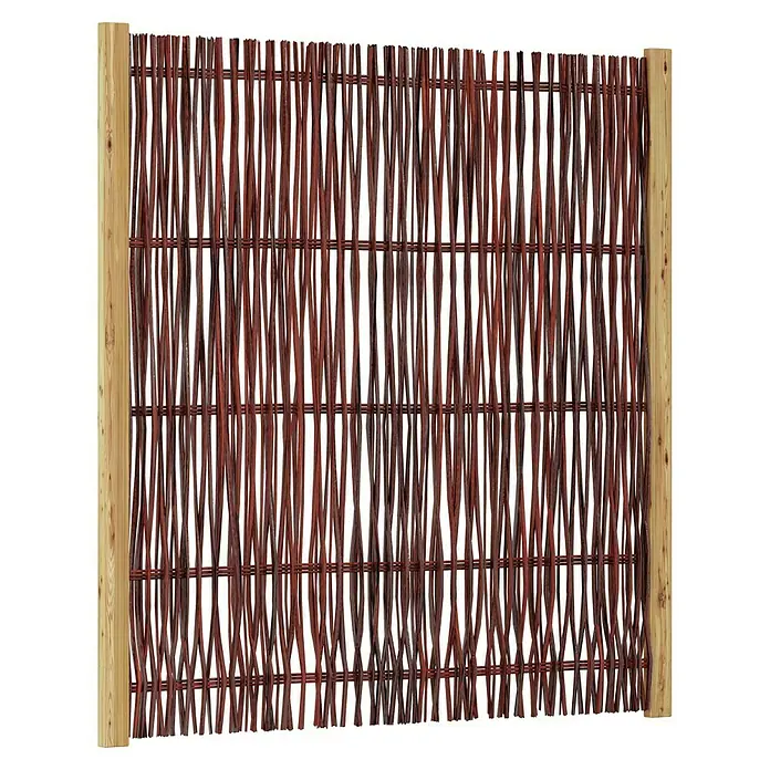 T & J Sichtschutzelement Fuego - 120 x 120 cm, Braun - Bild eines dekorativen, geflochtenen Weidenzauns mit Holzrahmen, der Privatsphäre und natürliche Ästhetik für den Garten bietet.