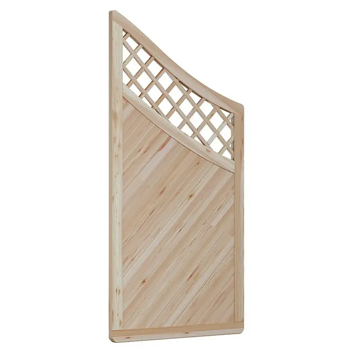 T & J Sichtschutzelement Classico Krone - 90 x 140/180 cm, Natur - Das Bild zeigt ein Gartenzaunelement aus Holz mit diagonalen Brettern und einem Lattenzaun oben. Das Holz ist hell und unbehandelt.