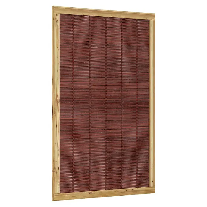 T & J Sichtschutzelement Fako - 120 x 180 cm, Braun - Roter Bambusvorhang in einem hellen Holzrahmen, der eine warme und natürliche Atmosphäre schafft.