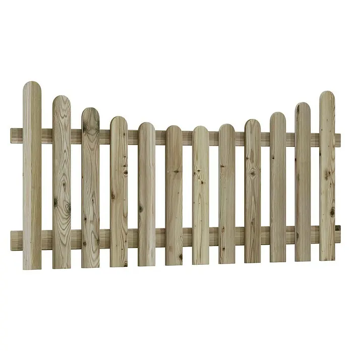 T & J Vorgartenzaun Heiko - B x H: 180 x 80 cm, Hellbraun - Detailaufnahme eines Holzzauns mit abgerundeten Pfosten, der eine natürliche und rustikale Optik bietet. Ideal für Gartenbegrenzungen.