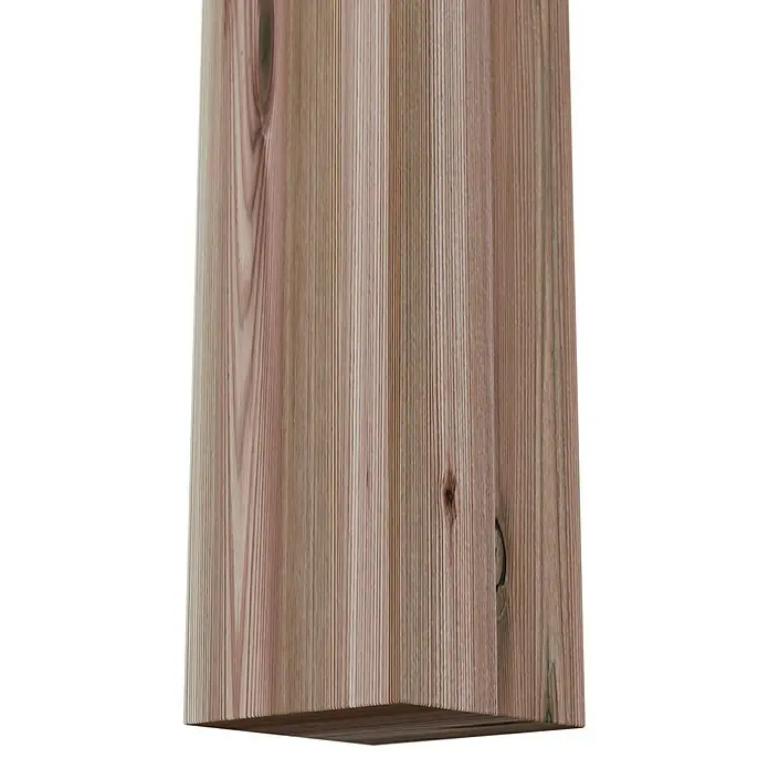 T & J Pfosten - 110 cm, Passend für: Serie Lolland und Jütland, Braun - Nahaufnahme eines Holzbalkens mit ausgeprägten Maserungen und natürlichen Astlöchern, ideal für rustikale Dekorationen.