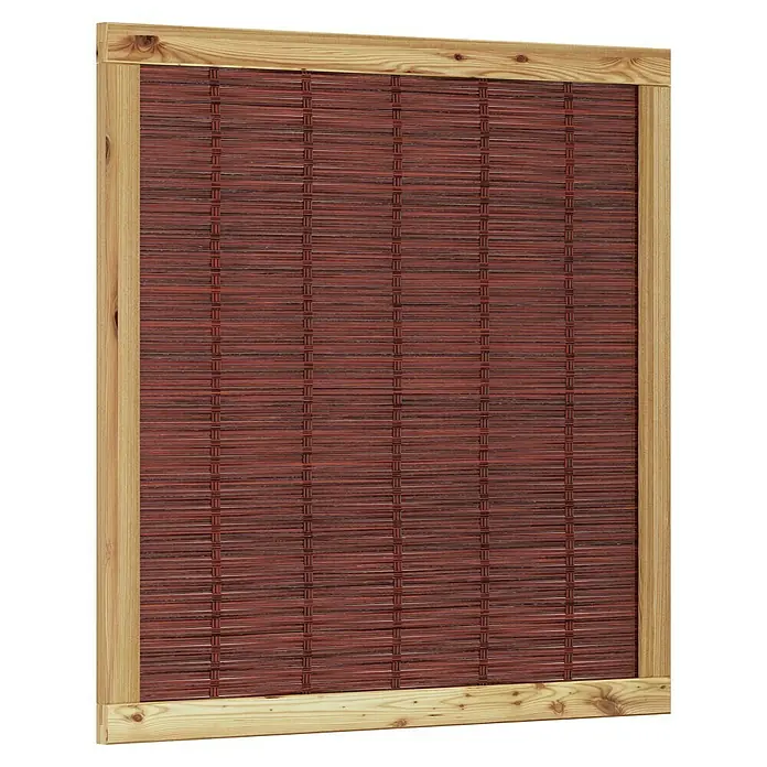 T & J Sichtschutzelement Fako - 120 x 120 cm, Braun - Das Bild zeigt einen dunkelroten Bambusrollladen mit einem hellen Holzrahmen. Der Rollladen ist blickdicht und sorgt für Privatsphäre.