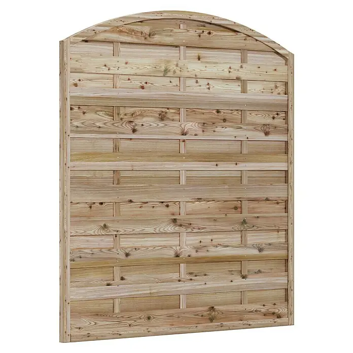 T & J Sichtschutzelement Maxi - B x H: 150 x 180 cm, Grün - Ein Holzzaun mit einem gewölbten oberen Abschluss. Der Zaun besteht aus horizontalen Brettern, die miteinander verflochten sind und eine rustikale Optik erzeugen.