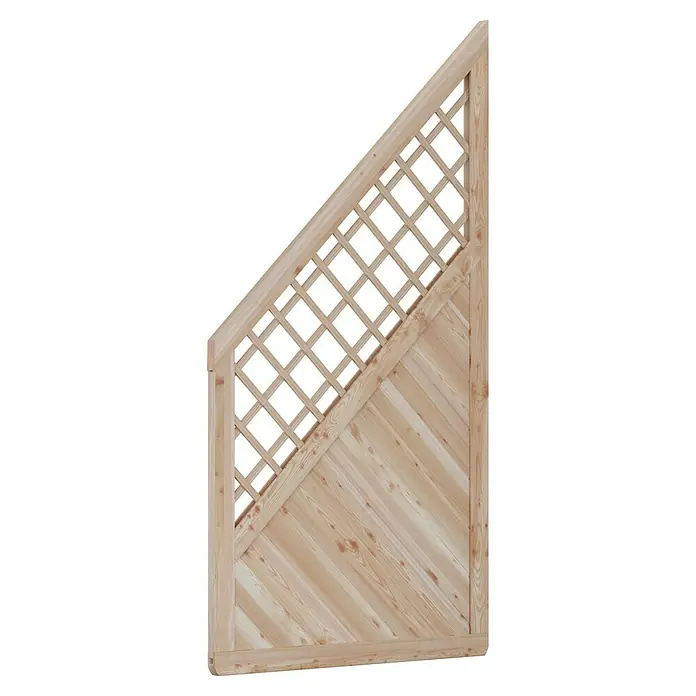 T & J Sichtschutzelement Classico - 90 x 90/180 cm, Natur - Ansicht einer Holzgartenwand mit Lattenrost und schrägen Holzpaneelen, ideal als dekorativer Sichtschutz für den Garten.