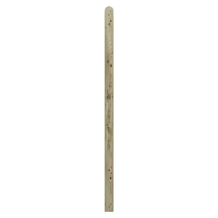 T & J Pfosten - 9 x 9 x 210 cm, Grün, Abgerundeter Pfostenkopf - Nahaufnahme eines Holzbretts mit deutlicher Maserung und Astlöchern, ideal für rustikale Möbel oder Dekorationsprojekte.