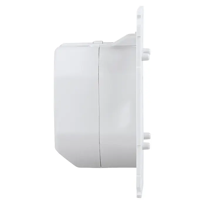 Homematic IP Funk-Lichtschalter Schaltaktor HmIP-BS2 - Unterputz, 37 x 71 x 71 mm - Seitenansicht einer weißen Smart-Home-Schaltereinheit, die die Designmerkmale und Installationsdetails hervorhebt.