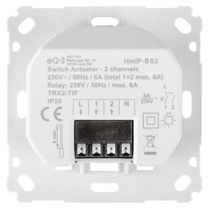 Homematic IP Funk-Lichtschalter Schaltaktor HmIP-BS2 - Unterputz, 37 x 71 x 71 mm - Nahaufnahme eines eQ-3 HmIP-BS2 Schaltaktors mit technischen Daten und Anschlussdetails für die Elektroinstallation.