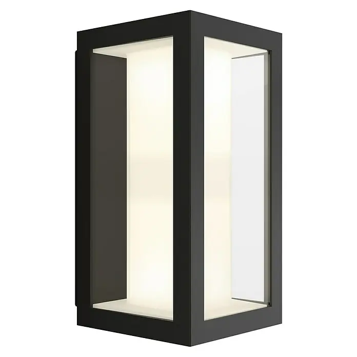 Philips Hue LED-Außenwandleuchte Impress - 8 W, 14,1 x 12 x 24 cm, Schwarz, IP44 - Nahaufnahme einer modernen, rechteckigen Wandleuchte mit schwarzem Rahmen und hellem, diffusem Licht.
