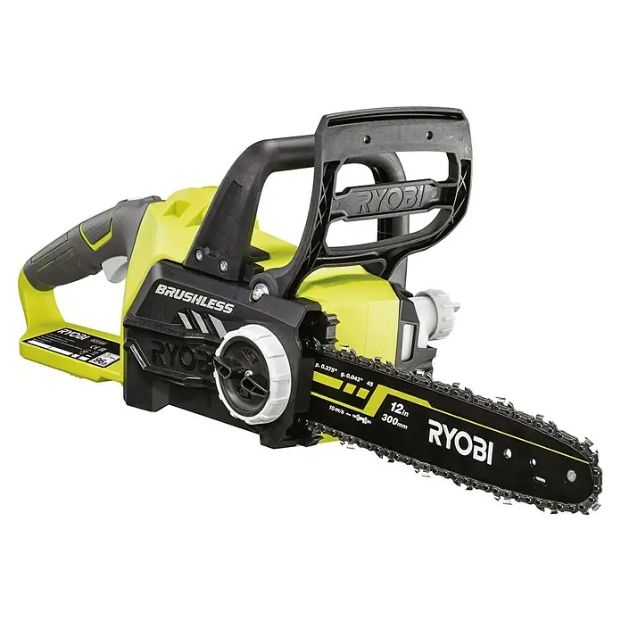 Ryobi ONE+ Akku-Kettensäge - 18 V, Li-Ionen, 1 Akku, Schwertlänge: 30 cm - Nahaufnahme einer gelb-schwarzen Ryobi Akku-Kettensäge mit einer 30-cm-Klinge vor einem schwarzen Hintergrund.