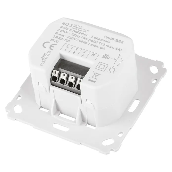 Homematic IP Funk-Lichtschalter Schaltaktor HmIP-BS2 - Unterputz, 37 x 71 x 71 mm - Nahaufnahme eines Homematic IP Schaltaktors zur Steuerung von zwei Kanälen, ideal für die Hausautomation und flexible Lichtsteuerung.