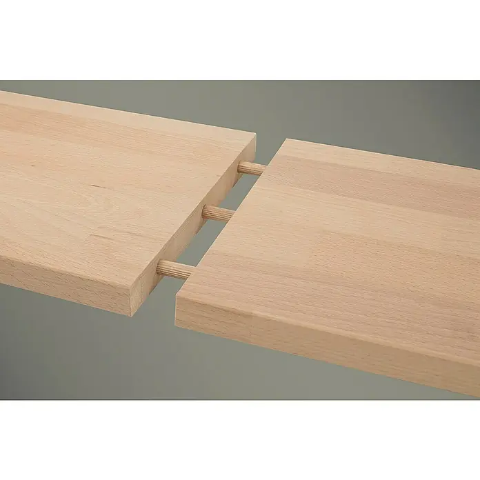 Wolfcraft Holzdübel - Ø x L: 10 x 40 mm, 30 Stk. - Detailaufnahme einer Holzverbindung mit Dübeln. Zwei Holzteile werden durch drei Dübel sicher und präzise verbunden. Das helle Holz wirkt natürlich.