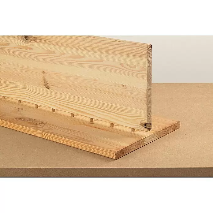 Wolfcraft Holzdübel - Ø x L: 10 x 40 mm, 30 Stk. - Zwei helle Holzbretter, die mit mehreren Holzdübeln verbunden sind, zeigen eine gängige Holzverbindungstechnik.