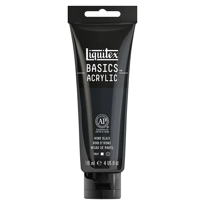Liquitex Basics Acrylfarbe - Elfenbeinschwarz, 118 ml - Eine Tube Liquitex Basics Acrylfarbe in der Farbe Ivory Black, ideal für Künstler und Hobbybastler.