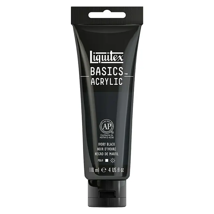 Liquitex Basics Acrylfarbe - Elfenbeinschwarz, 118 ml - Eine Tube Liquitex Basics Acrylfarbe in der Farbe Ivory Black, ideal für Künstler und Hobbybastler.
