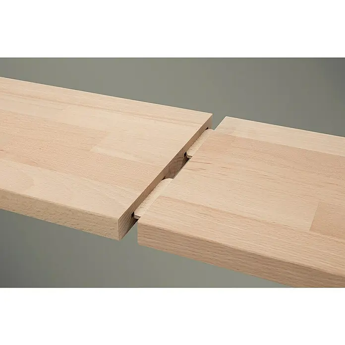 Wolfcraft Verbindungsplättchen - Größe: 20, 50 Stk. - Detailaufnahme einer Fingerzinkenverbindung, die zwei Holzplatten stabil und ästhetisch zusammenfügt. Ideal für Tischplatten und Möbelbau.