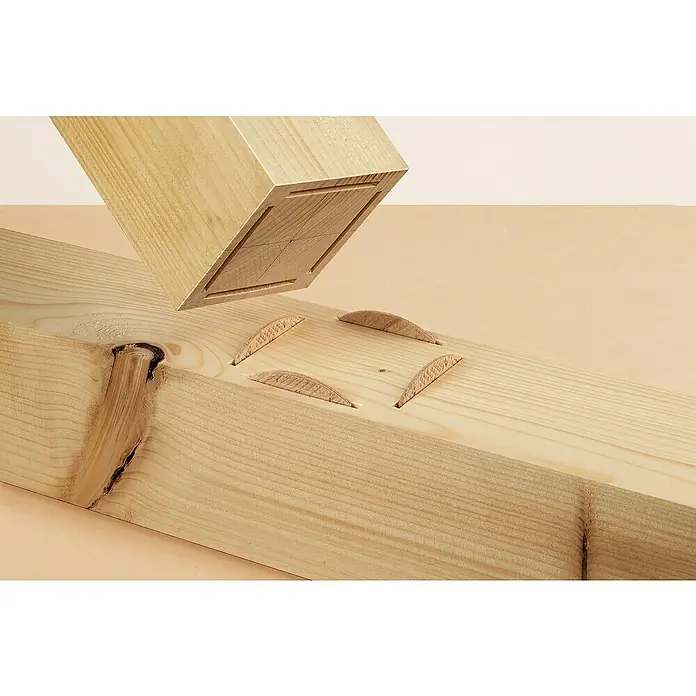 Wolfcraft Verbindungsplättchen - Größe: 20, 50 Stk. - Holzverbindungstechnik mit Dominosteinen und Zapfen, demonstriert die präzise Passform und die Stabilität für professionelle Holzprojekte.