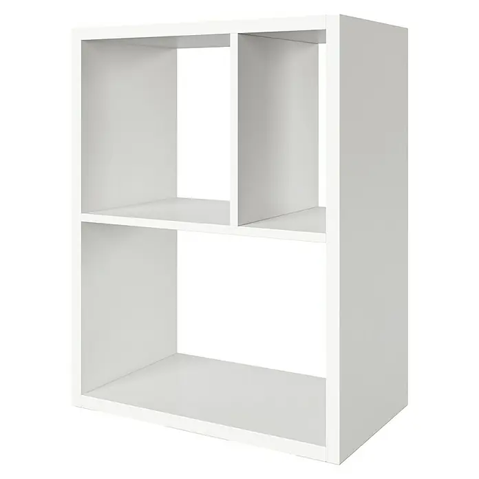 Phönix Fortuna Raumteiler - H x B x T: 57,9 x 75,1 x 34 cm, Weiß - Weißes, würfelförmiges Regal mit zwei Fächern oben und einem Fach unten, ideal für die Aufbewahrung und Organisation von Gegenständen.