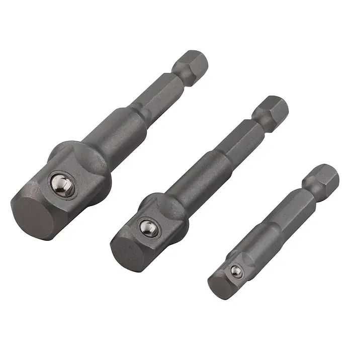 Wolfcraft Stecknuss-Adapter-Set - 3 -tlg. - Bild von drei Steckschlüssel-Adaptern aus robustem, grauem Metall, die für verschiedene Schraubarbeiten geeignet sind.