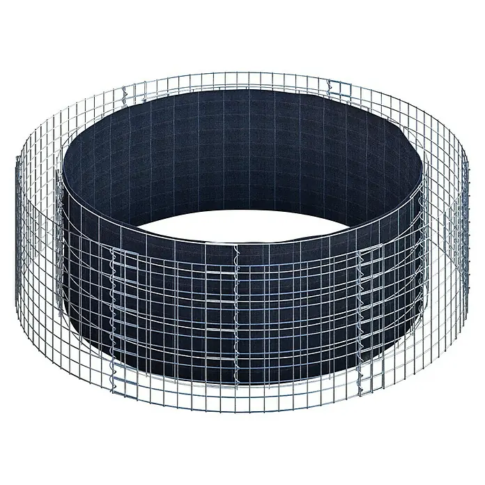 Gabiona Hochbeet - 172 x 50 cm - Bild eines Gabionen-Sitzrings, der sich ideal für den Garten eignet. Seine Struktur besteht aus einem stabilen Drahtgeflecht.