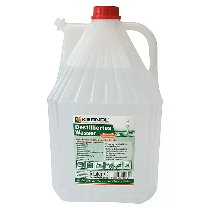 Destilliertes Wasser - 5 l - Weißer, durchsichtiger 5-Liter-Kanister Kernl Destilliertes Wasser mit rotem Deckel und Ausgießer.