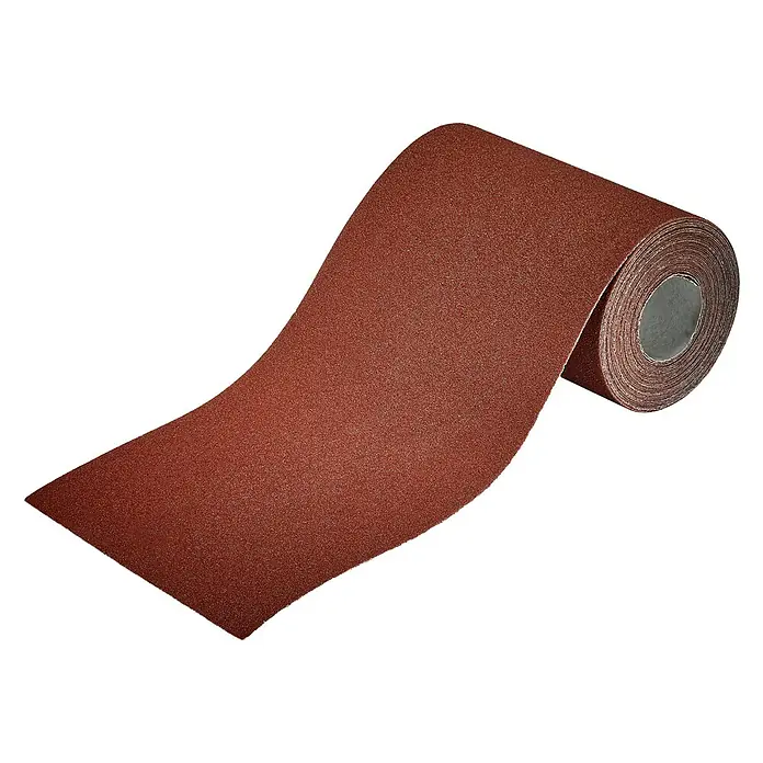 Wolfcraft Schleifpapier - Breite: 115 mm, Körnung: 80 - Nahaufnahme einer Rolle Schleifpapier in Braun, geeignet für Holz- und Metallbearbeitung, ideal für Heimwerker und Profis.