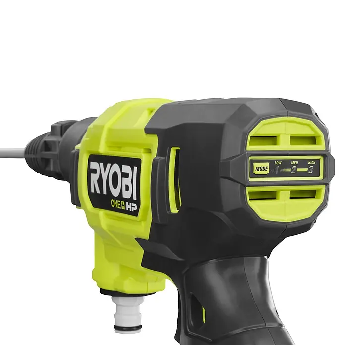 Ryobi ONE+ Akku-Hochdruckreiniger RY18PWX41A-0 - 18 V, Ohne Akku, Max. Druck: 41 bar - Nahaufnahme eines Ryobi ONE+ HP Akku-Druckreinigers mit verschiedenen Druckmodi.