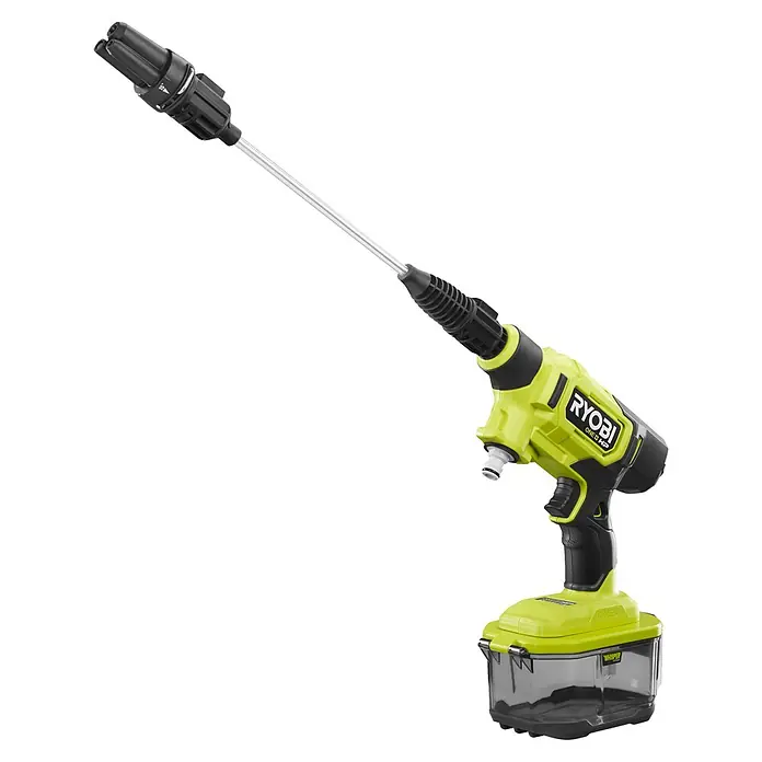 Ryobi ONE+ Akku-Hochdruckreiniger RY18PWX41A-0 - 18 V, Ohne Akku, Max. Druck: 41 bar - Das Bild zeigt einen Ryobi ONE+ HP Akku-Hochdruckreiniger, ein tragbares Gerät mit einem Akku und einer Sprühdüse.