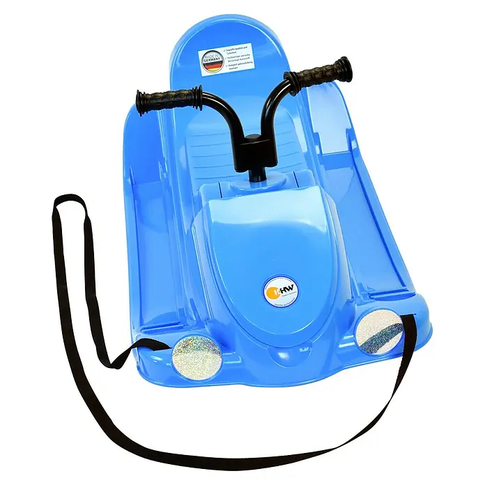 KHW Schlitten Snow Quad - L x B: 91 x 48 cm, Belastbarkeit: 30 kg, Kunststoff, Eisblau - Blauer Rodelschlitten mit Lenkrad, Zugseil und Aufklebern "Made in Germany" für winterlichen Fahrspaß im Schnee.