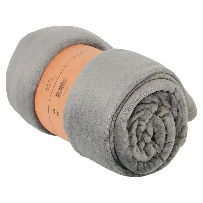 Decke Bruno - Charcoal Grey, 200 x 150 cm, 100 % Polyester - Grau gerollte BRUNO-Fleecedecke mit braunem Etikett, ideal für Wärme und Komfort.
