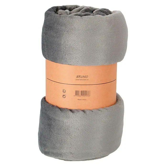 Decke Bruno - Charcoal Grey, 200 x 150 cm, 100 % Polyester - Graue BRUNO Fleecedecke, gerollt und mit einem Papieretikett versehen, das die Marke und die Größe (150x200 cm) angibt.\n