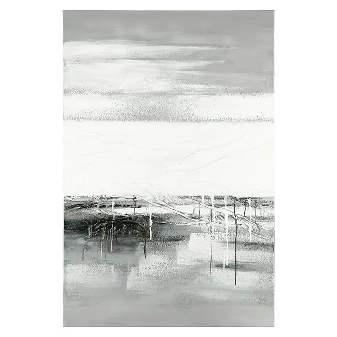 Handgemaltes Bild - Abstrakt, B x H: 80 x 120 cm - Abstraktes Gemälde in Grau- und Weißtönen. Das Kunstwerk zeigt eine moderne und minimalistische Ästhetik mit dynamischen Pinselstrichen.