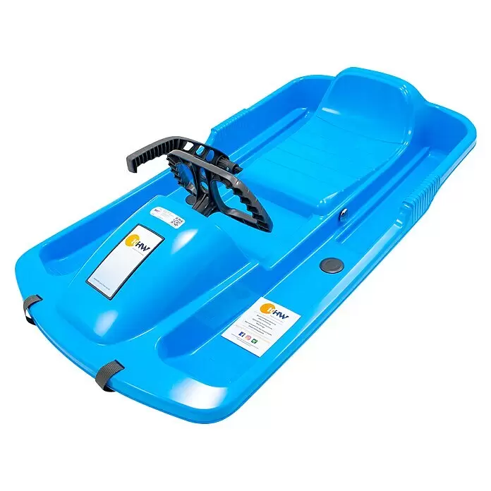 KHW Schlitten Snow Fox - L x B: 95 x 50 cm, Belastbarkeit: 65 kg, Kunststoff, Eisblau - Hellblauer Lenkschlitten aus Kunststoff mit schwarzem Lenkrad und integriertem Sitz.